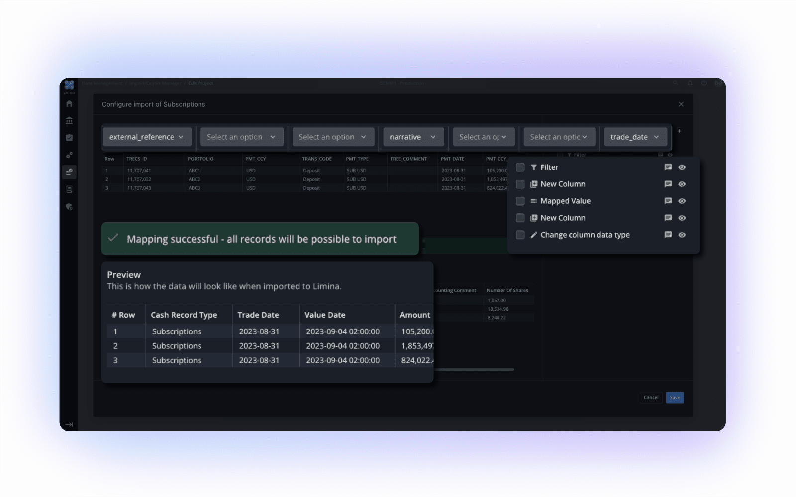 Configurable import and export manager for your investment management solution